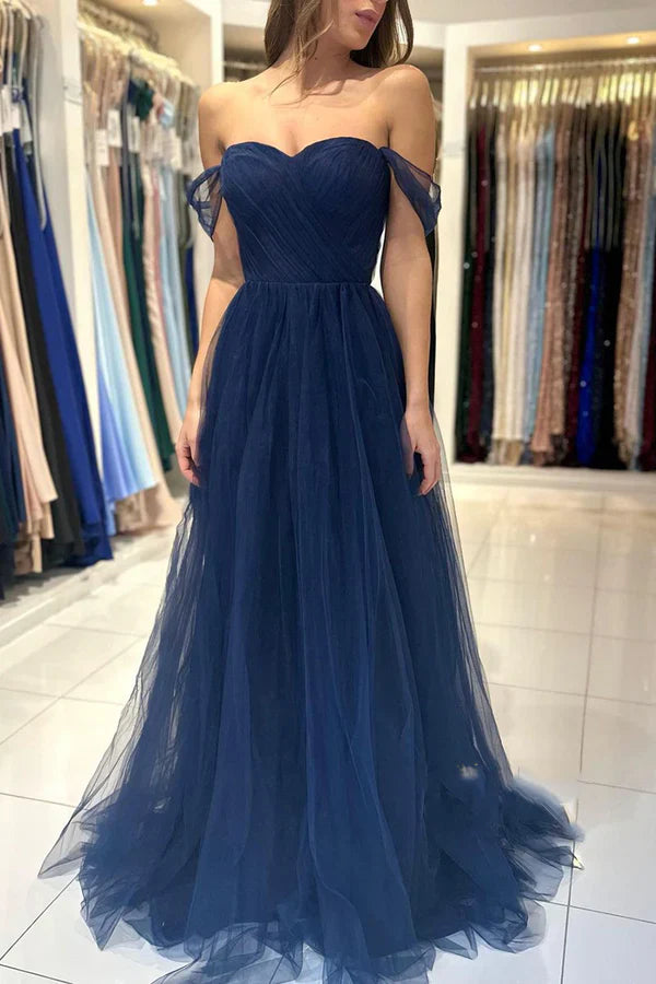 Luolandi A line Sweetheart chiffon pleated long ball formal evening dress Off Shoulder